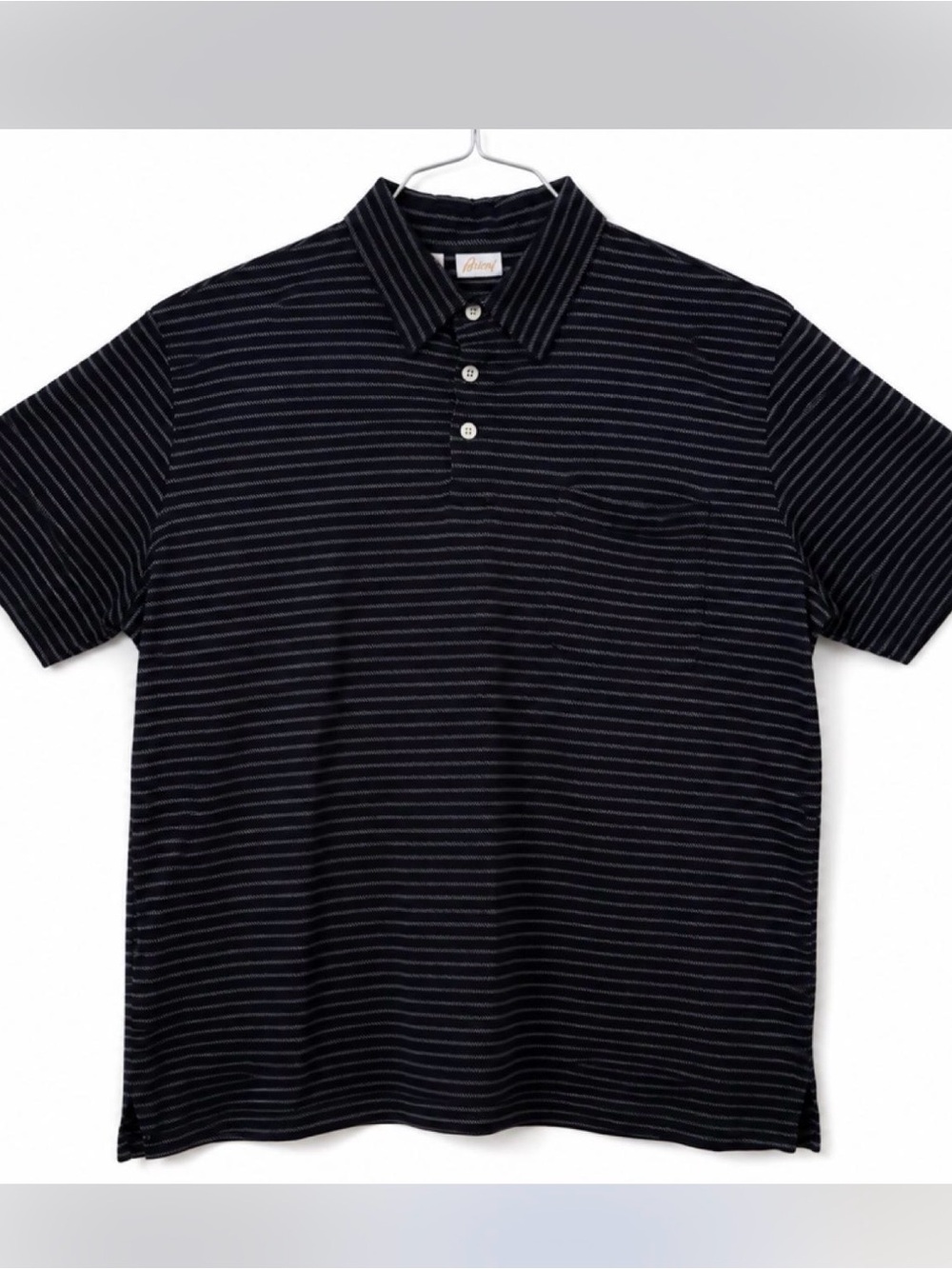 Brioni Black Polo with Thin Gray Stripes